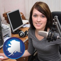 alaska map icon and a female radio announcer