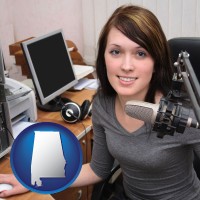 alabama map icon and a female radio announcer