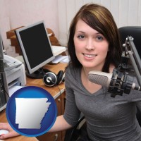 arkansas map icon and a female radio announcer