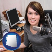 arizona map icon and a female radio announcer