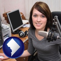 washington-dc map icon and a female radio announcer