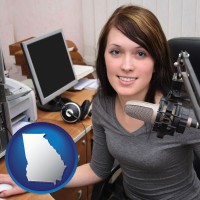 georgia map icon and a female radio announcer