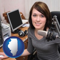 illinois map icon and a female radio announcer