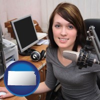 kansas map icon and a female radio announcer