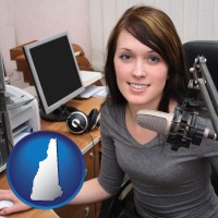 new-hampshire map icon and a female radio announcer