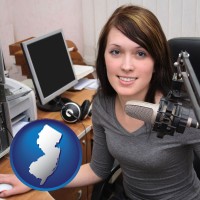 new-jersey map icon and a female radio announcer