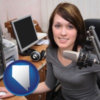 nevada map icon and a female radio announcer