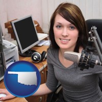 oklahoma map icon and a female radio announcer