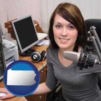 pennsylvania map icon and a female radio announcer
