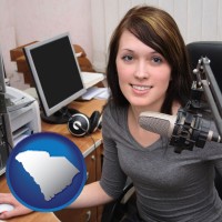 south-carolina map icon and a female radio announcer