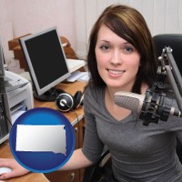 south-dakota map icon and a female radio announcer