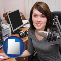 utah map icon and a female radio announcer