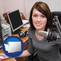 washington map icon and a female radio announcer