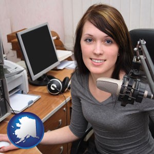 a female radio announcer - with Alaska icon