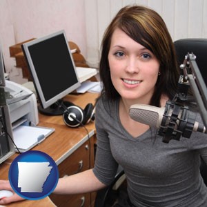 a female radio announcer - with Arkansas icon
