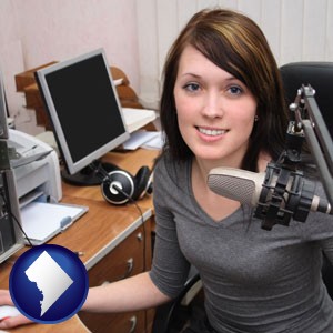 a female radio announcer - with Washington, DC icon