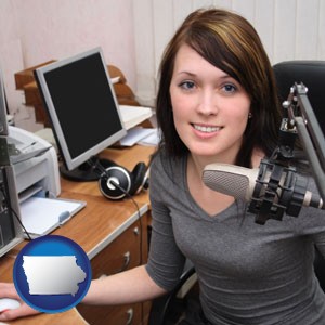 a female radio announcer - with Iowa icon