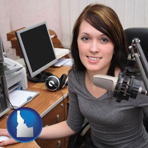 a female radio announcer - with Idaho icon