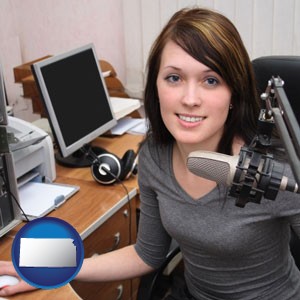 a female radio announcer - with Kansas icon