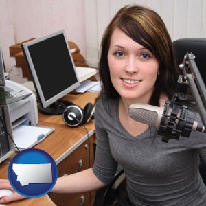 a female radio announcer - with Montana icon