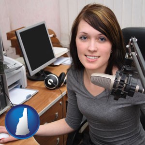 a female radio announcer - with New Hampshire icon