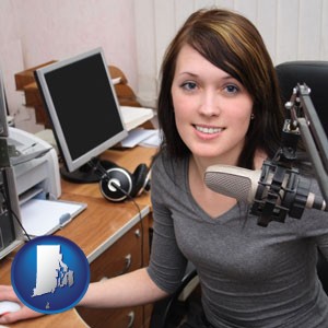 a female radio announcer - with Rhode Island icon