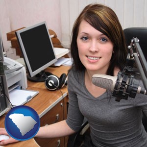 a female radio announcer - with South Carolina icon